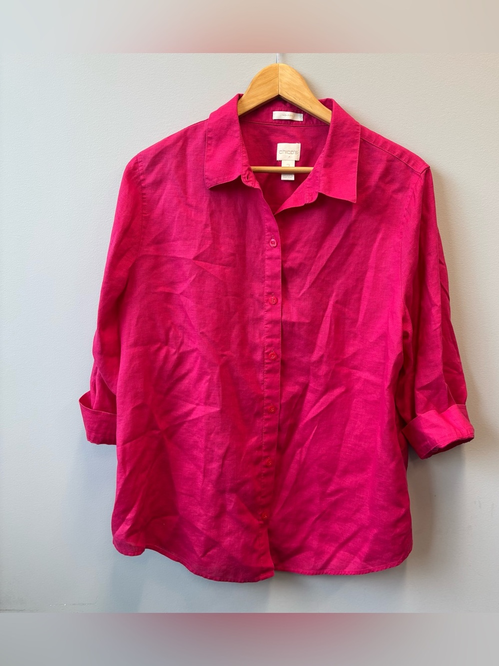 Chico's 2 No Iron Linen button shirt Pink 3/4 sleeves large